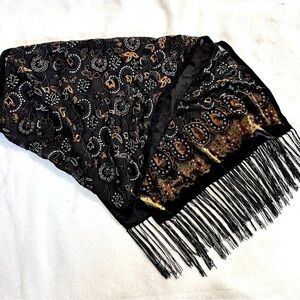Velvet burn out long scarf, 6” fringe bronze & silver floral mantilla 72”x20”​​​